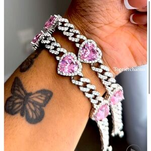 Icy Pink Heart Cuban Chain Bracelet